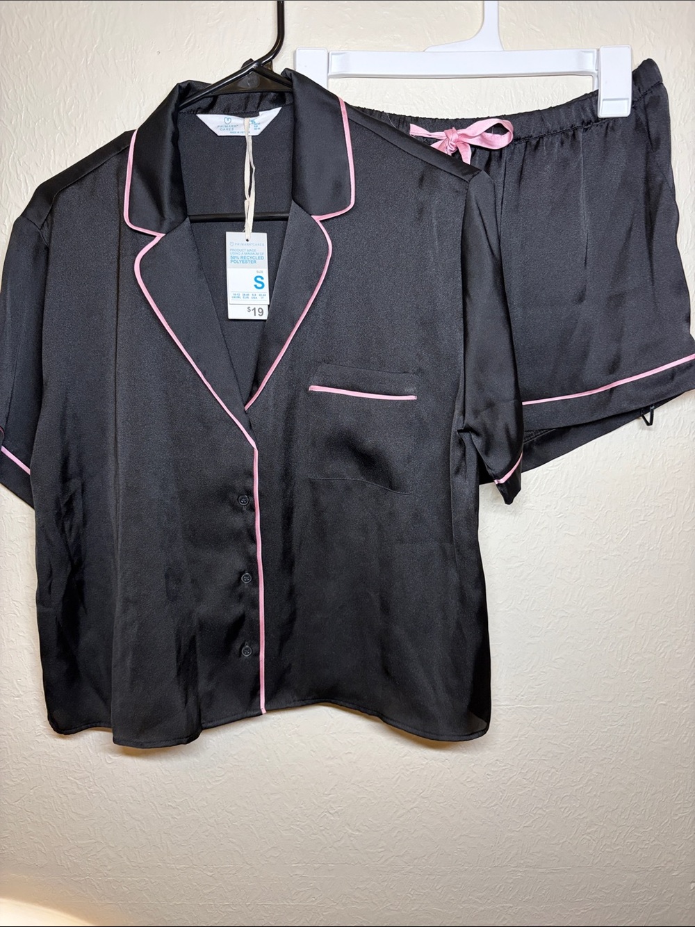 Primark Black Satin Short Pajama Set with Pink Trim